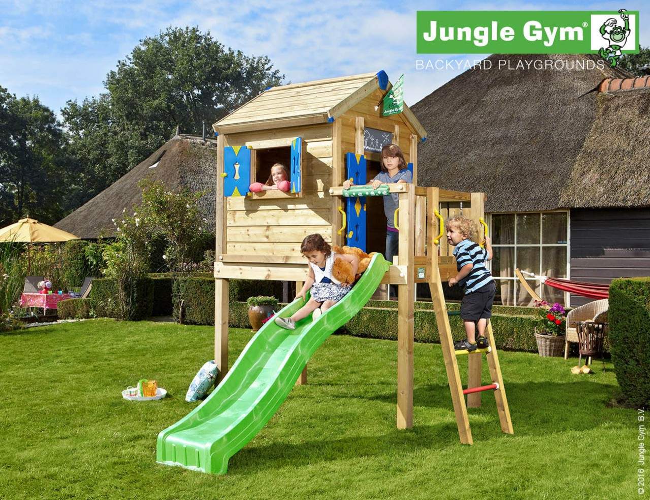 wooden playhouse with slide jungle playhouse l green 1280x1280