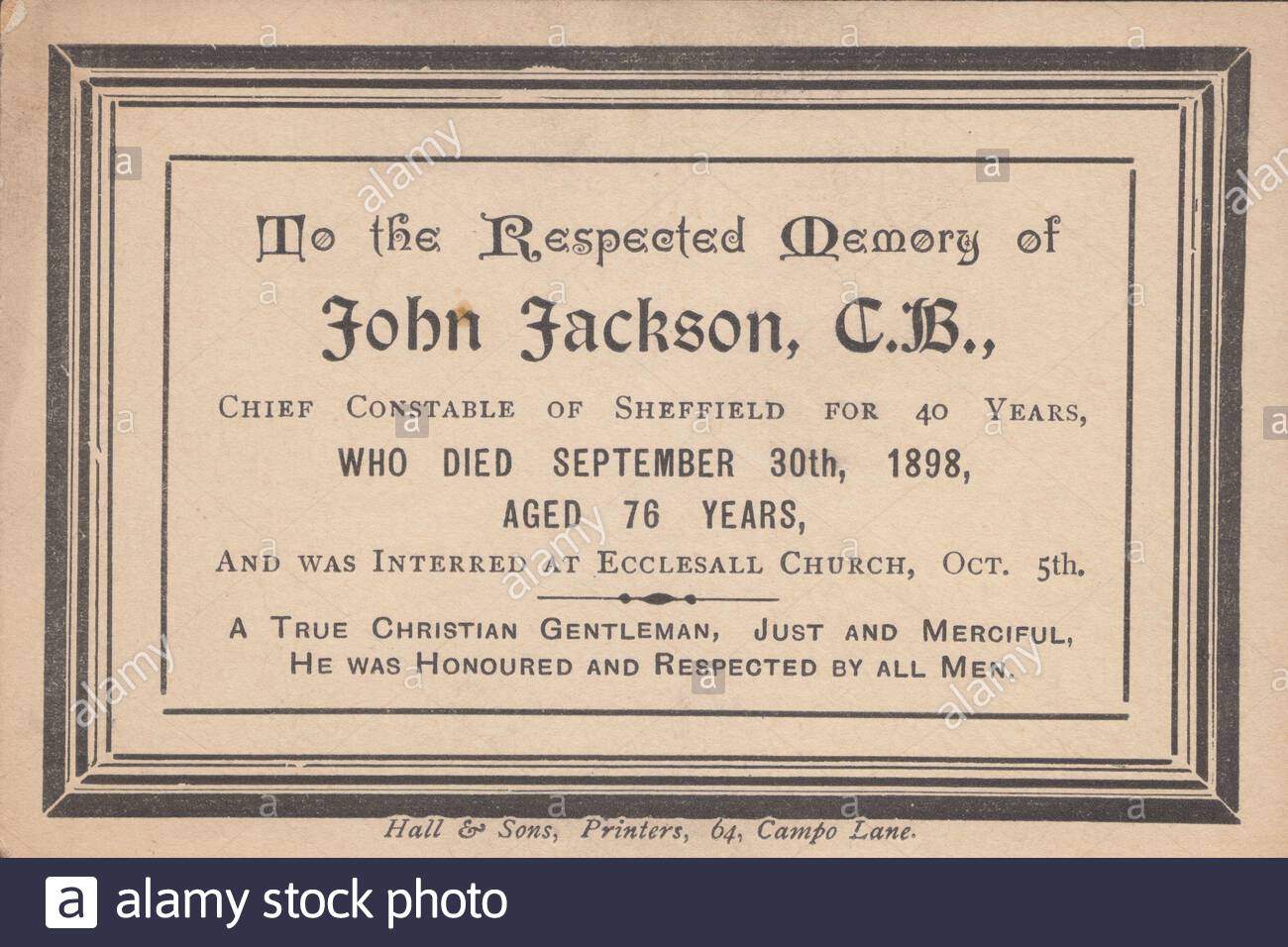 in memoriam karte fur john jackson cb der polizeichef von sheffield fur 40 jahre starb am 30 september 1898 im alter von 76 jahren und wurde beerdigt in ecclesall kirche oct 5 2adyw8c
